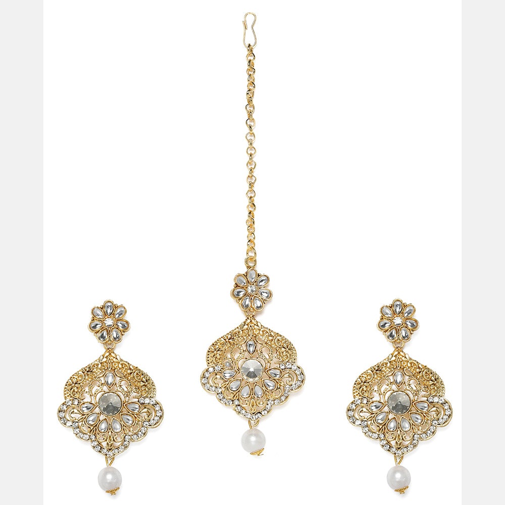 Kord Store Contemporary Designer White Stone Gold Plated Dangle Earring With Mangtikka For Women
