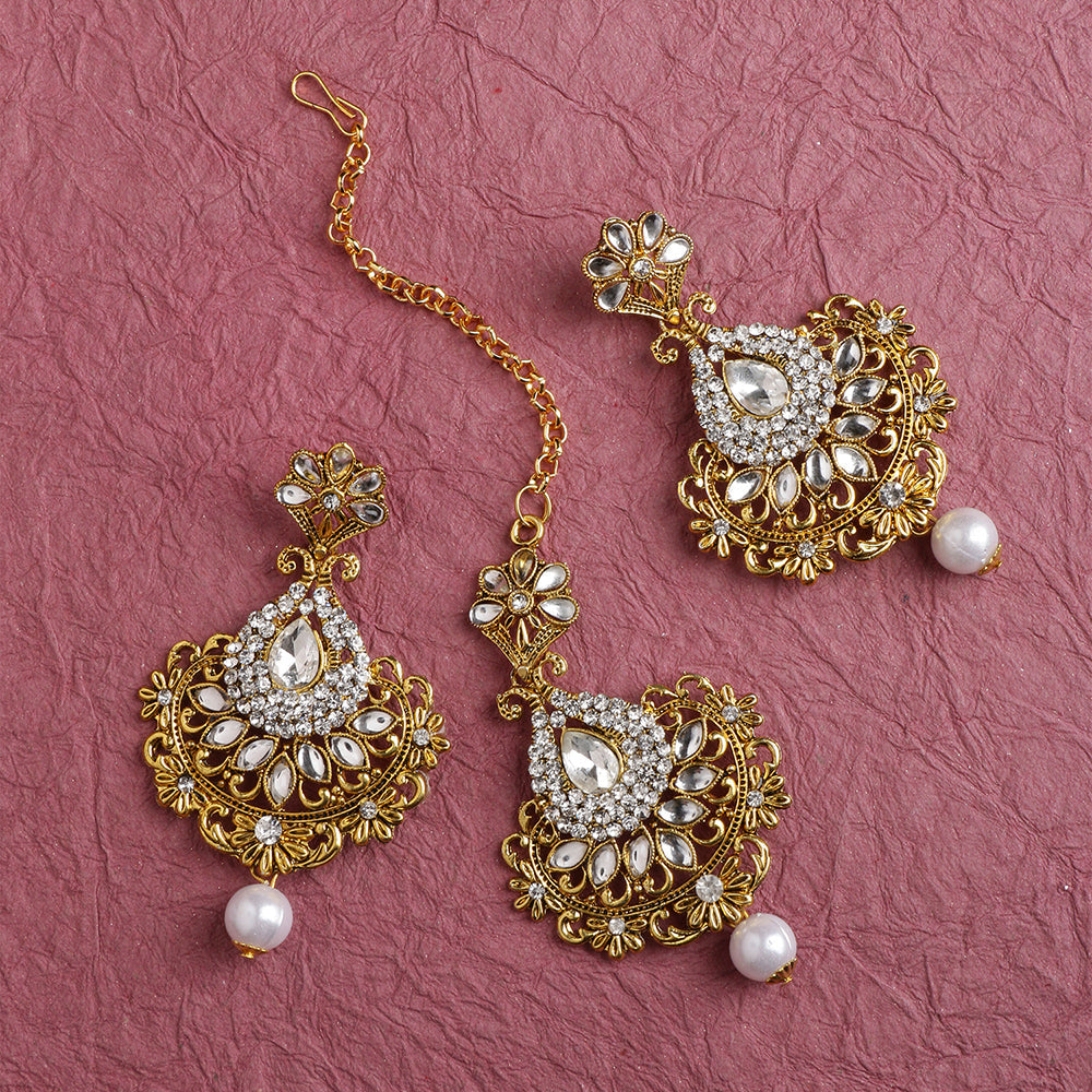 Kord Store Creative Flower White Stone Gold Plated Dangle Earring With Mangtikka For Women