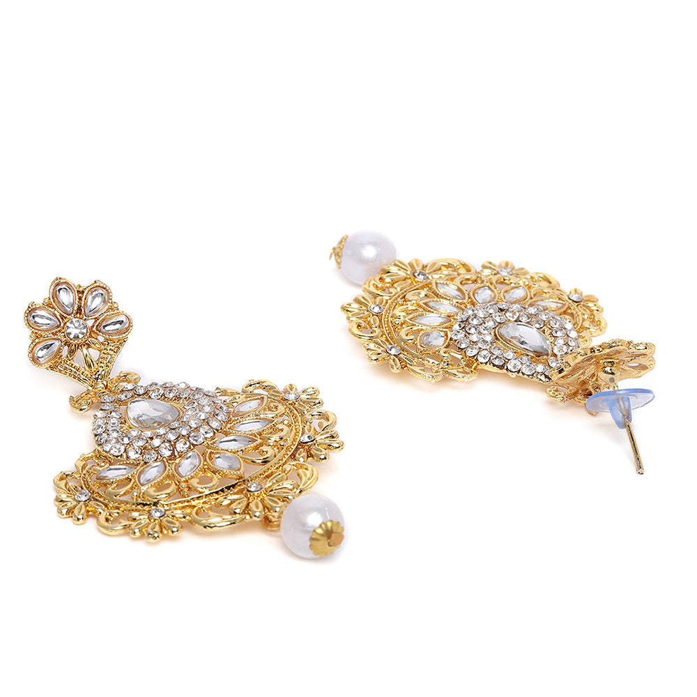 Kord Store Creative Flower White Stone Gold Plated Dangle Earring With Mangtikka For Women