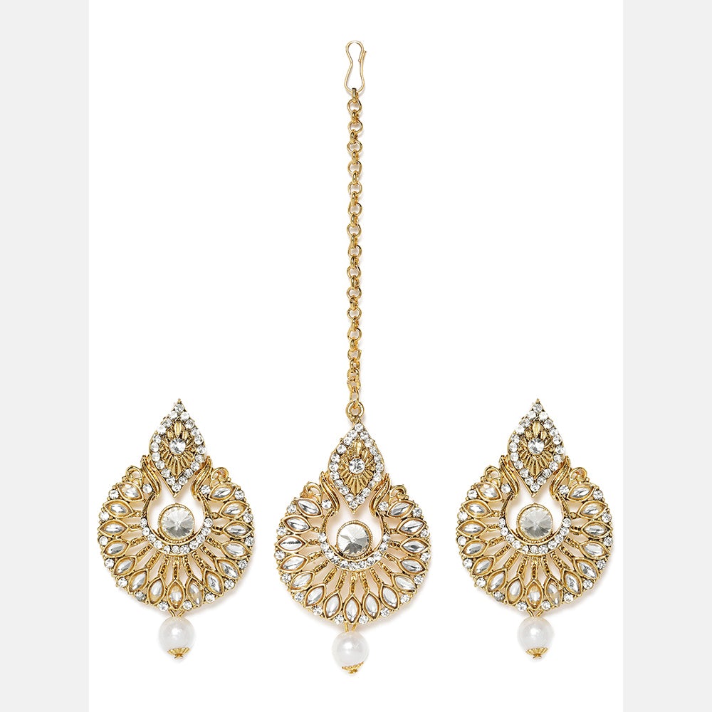 Kord Store Delightful Round Shape White Stone Gold Plated Dangle Earring With Mangtikka For Women