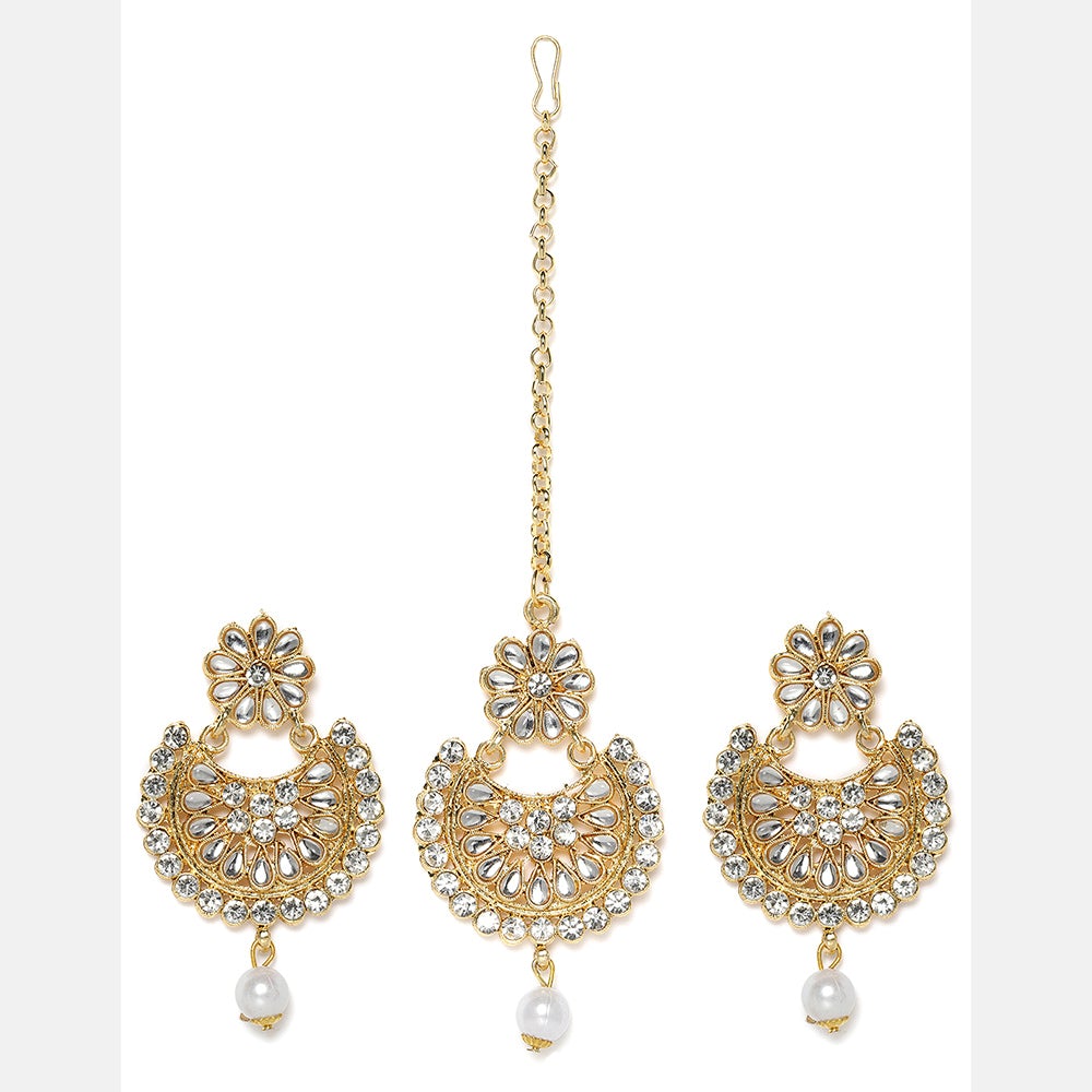 Kord Store Designer Flower White Stone Gold Plated Chand Bali Earring With Mangtikka For Women