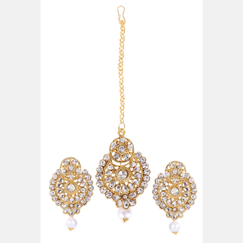Kord Store Desirable Designer White Stone Gold Plated Dangle Earring With Mangtikka For Women