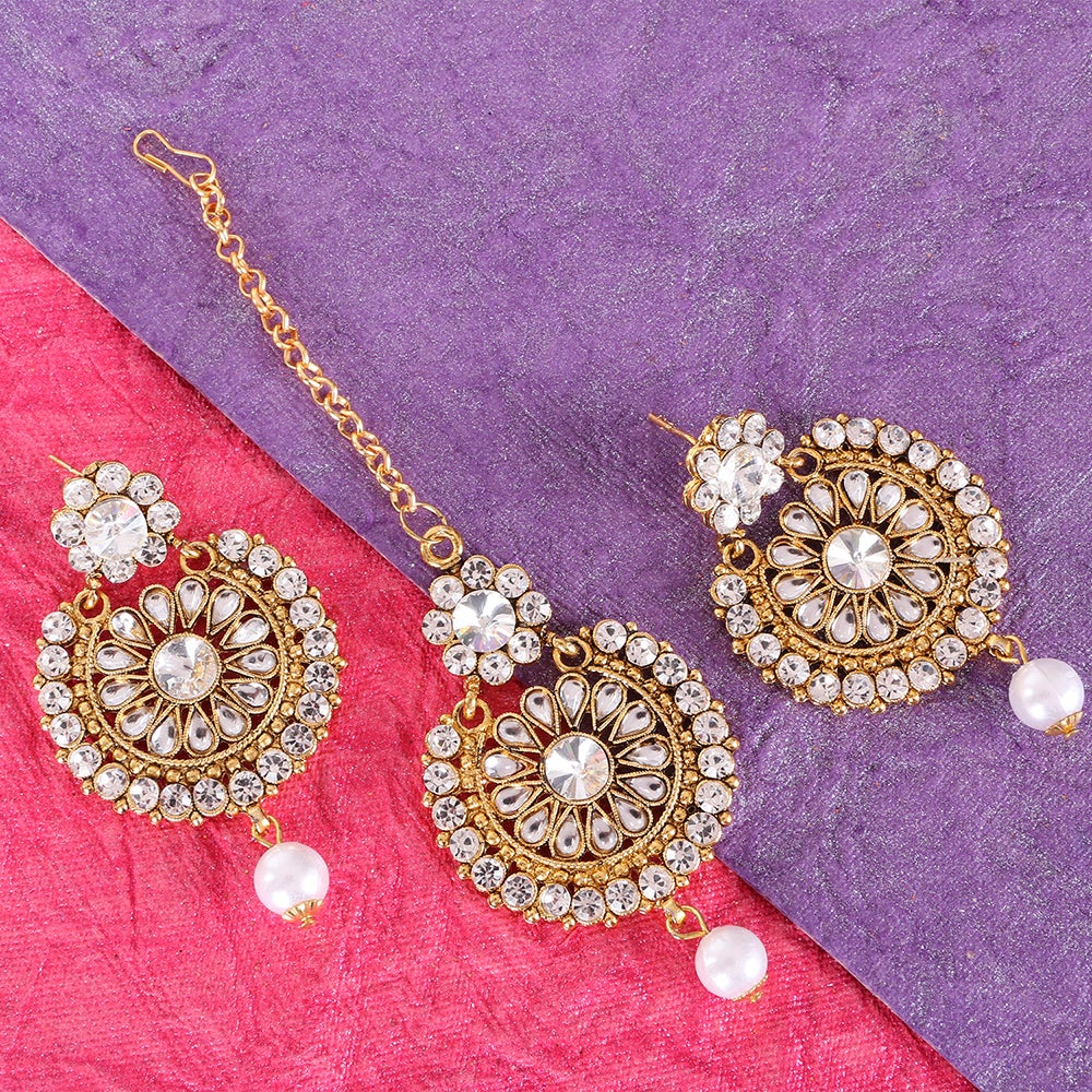 Kord Store Elegant Round Shape White Stone Gold Plated Chand Bali Earring With Mangtikka For Women