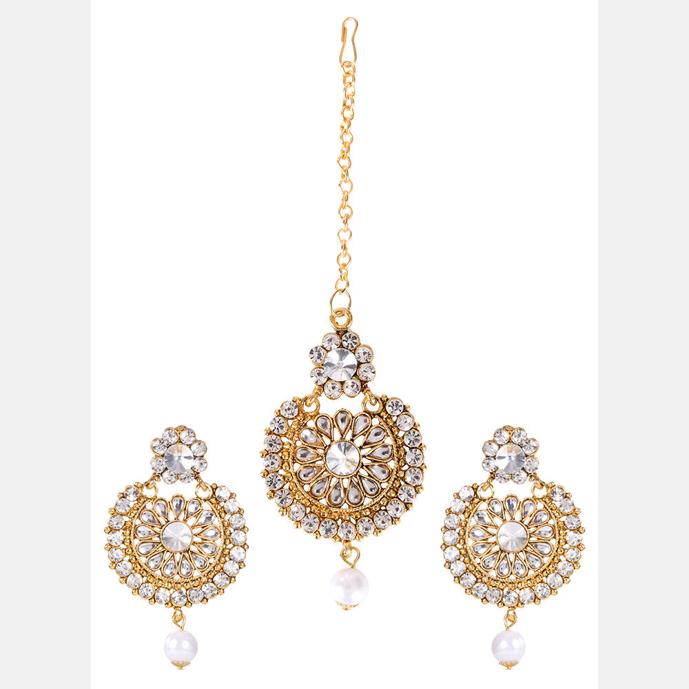 Kord Store Elegant Round Shape White Stone Gold Plated Chand Bali Earring With Mangtikka For Women