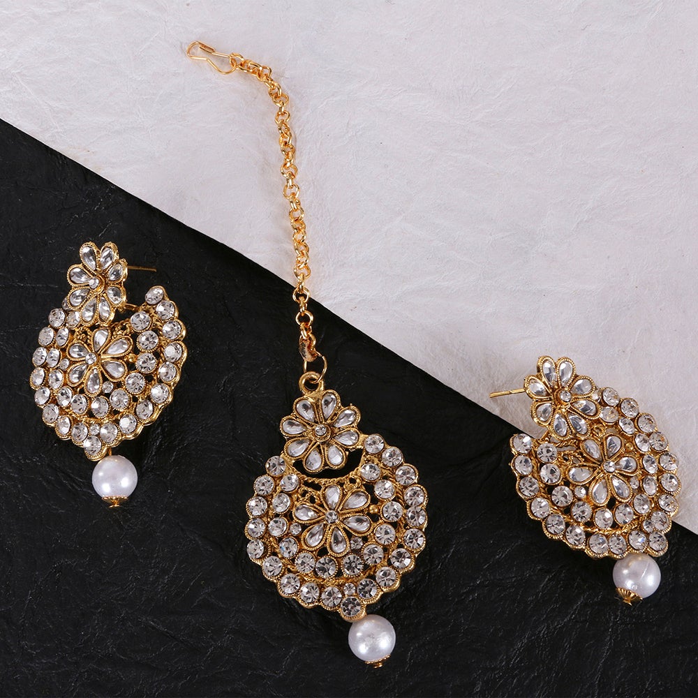 Kord Store Enchanting Round Shape White Stone Gold Plated Chand Bali Earring With Mangtikka For Women
