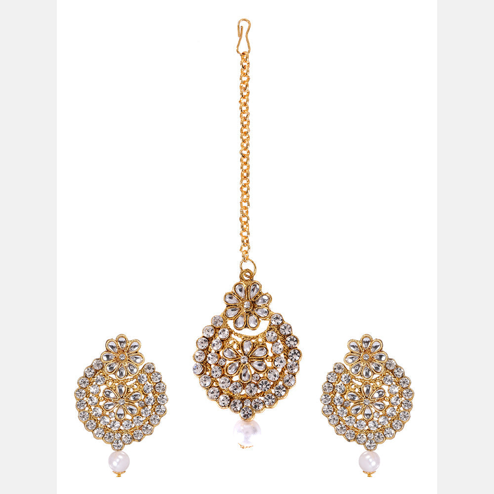 Kord Store Enchanting Round Shape White Stone Gold Plated Chand Bali Earring With Mangtikka For Women
