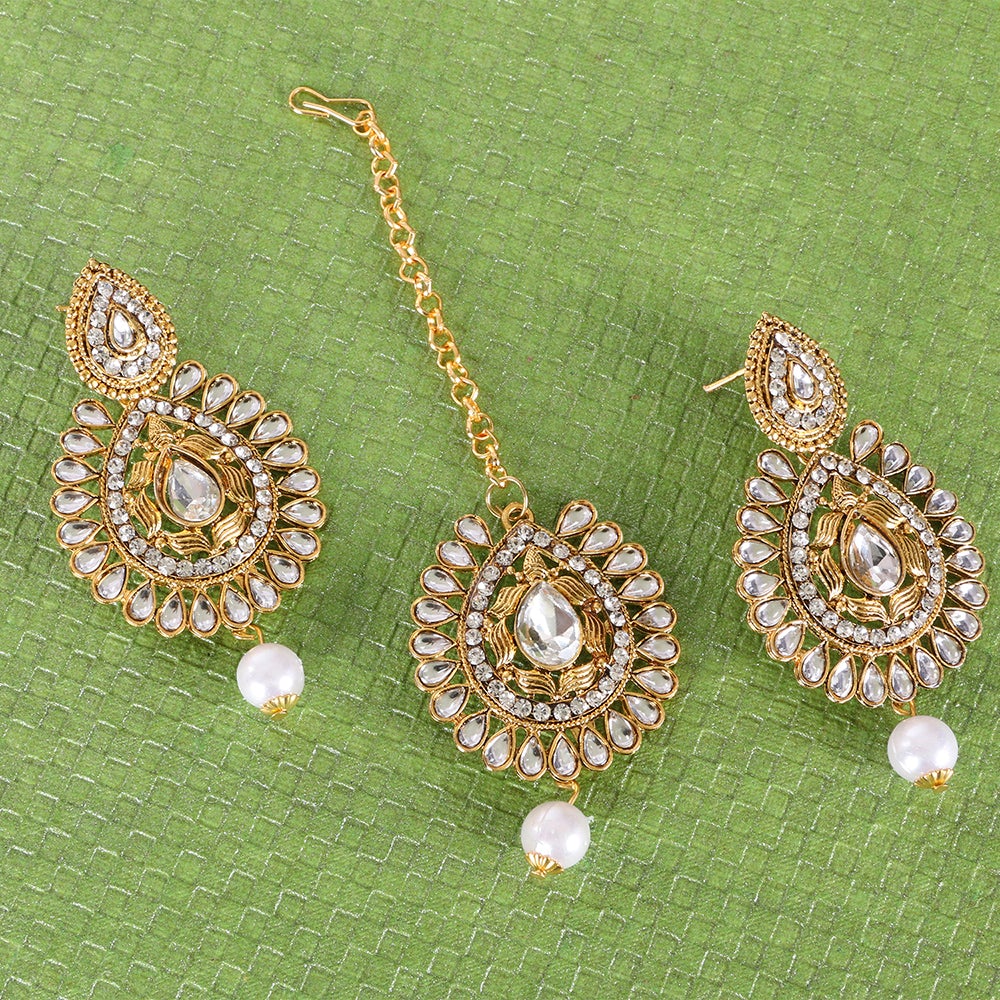 Kord Store Ethnic Pear Shape White Stone Gold Plated Dangle Earring With Mangtikka For Women
