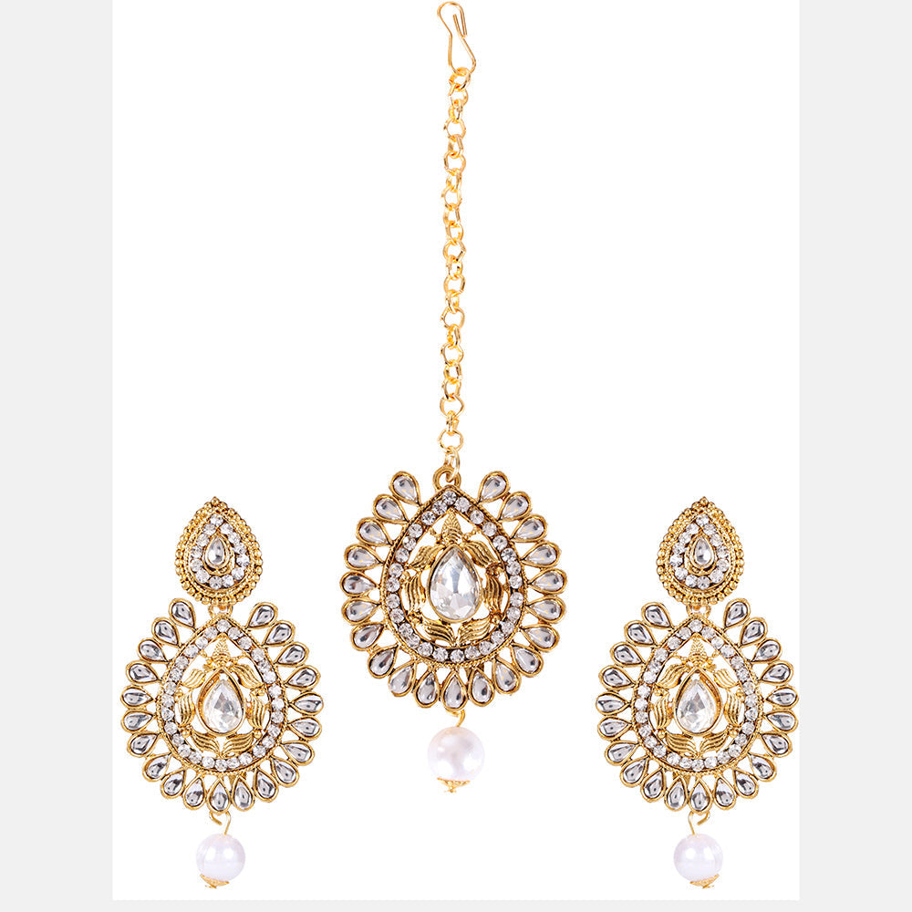 Kord Store Ethnic Pear Shape White Stone Gold Plated Dangle Earring With Mangtikka For Women