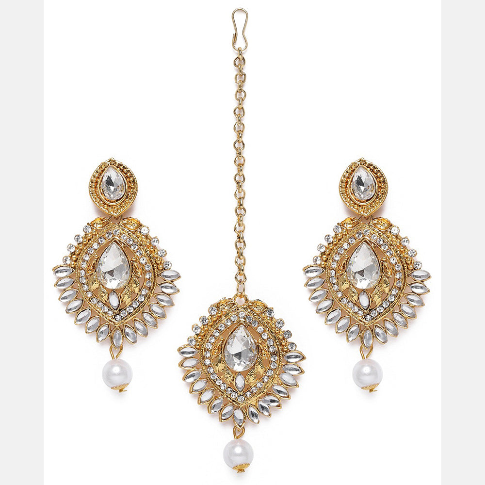 Kord Store Excellent Leaf Design White Stone Gold Plated Dangle Earring With Mangtikka For Women