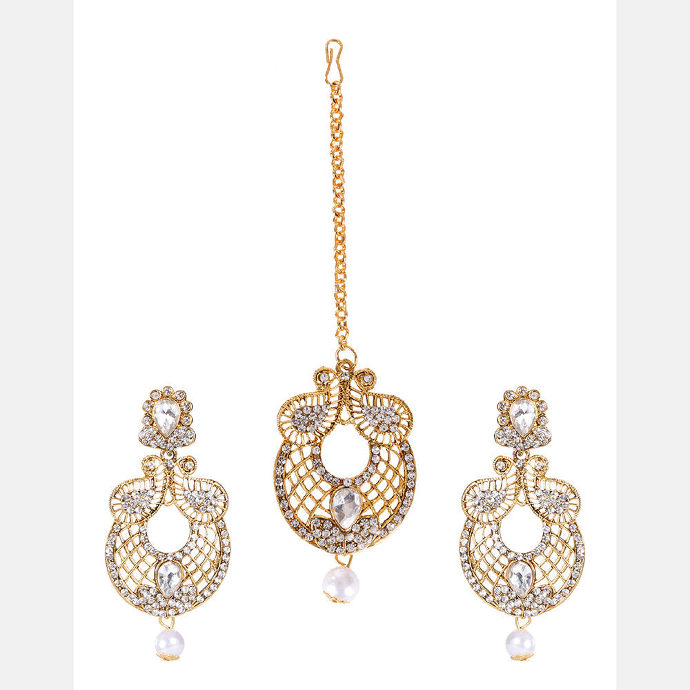 Kord Store Exceptional Paisley Design White Stone Gold Plated Chand Bali Earring With Mangtikka For Women