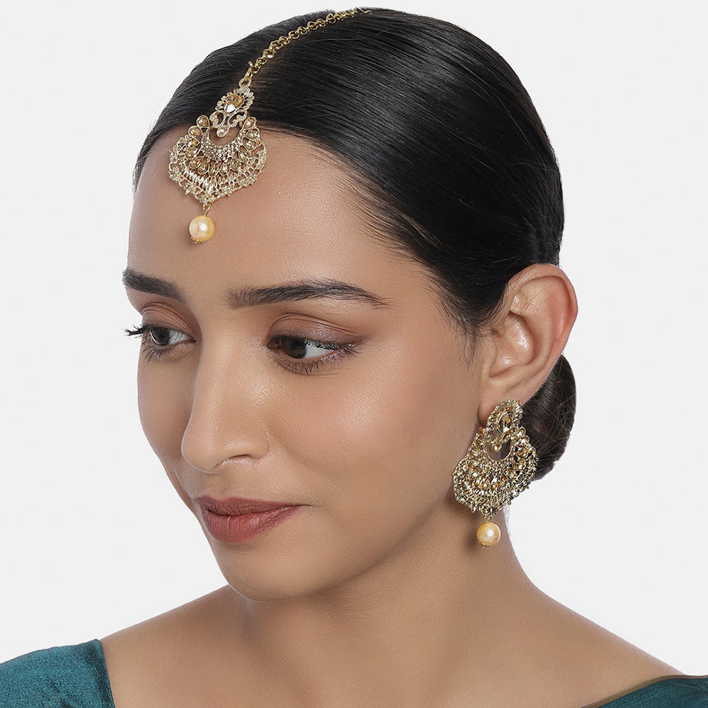 Kord Store Exotic Designer Lct Stone Gold Plated Chand Bali Earring With Mangtikka For Women