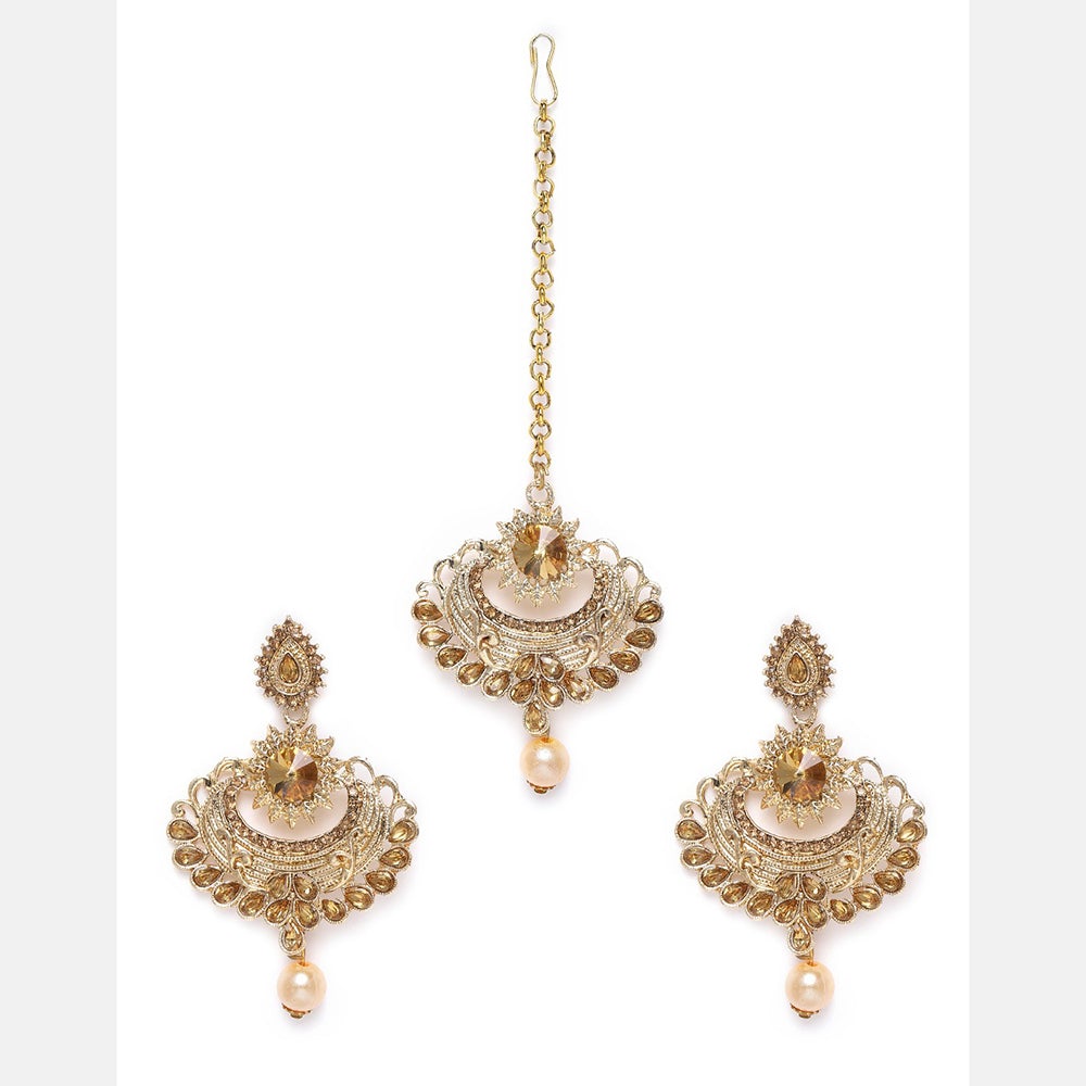 Kord Store Fabulous Flower Lct Stone Gold Plated Chand Bali Earring With Mangtikka For Women