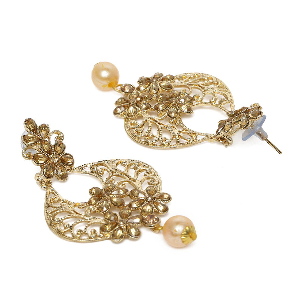 Kord Store Fancy Flower White Stone Gold Plated Chand Bali Earring With Mangtikka For Women