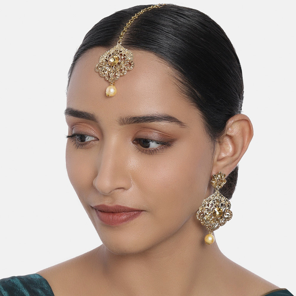 Kord Store Fascinating Designer Lct Stone Gold Plated Dangle Earring With Mangtikka For Women