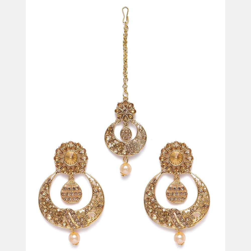 Kord Store Glamorous Designer White Stone Gold Plated Chand Bali Earring With Mangtikka For Women