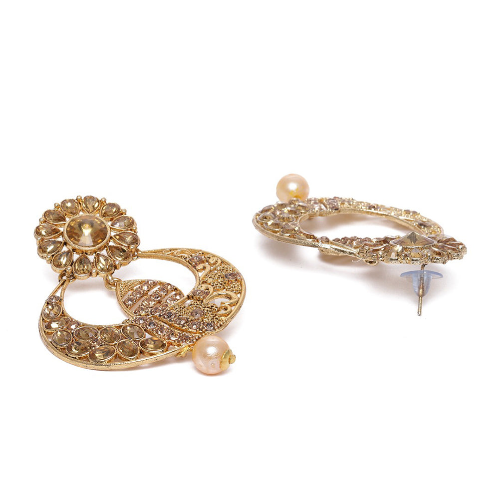 Kord Store Glamorous Designer White Stone Gold Plated Chand Bali Earring With Mangtikka For Women