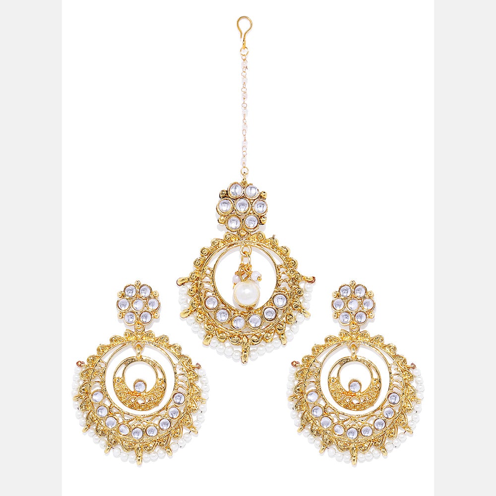 Kord Store Youthful Round Shape White Stone Gold Plated Dangle Earring With Maang Tikka For Women