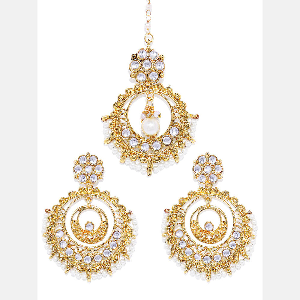 Kord Store Youthful Round Shape White Stone Gold Plated Dangle Earring With Maang Tikka For Women