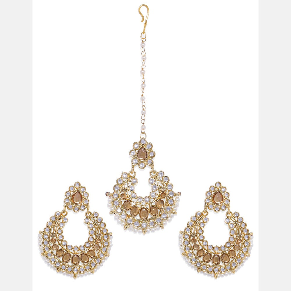 Kord Store Charming Designer White Stone Gold Plated Dangle Earring With Maang Tikka For Women
