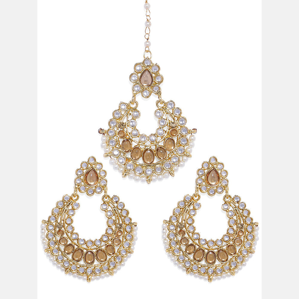 Kord Store Charming Designer White Stone Gold Plated Dangle Earring With Maang Tikka For Women