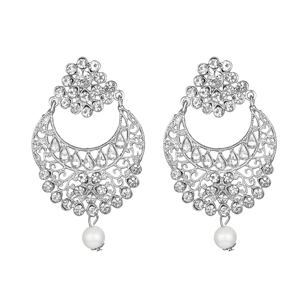 Kord Store Silver Plated "Chand Bali Style" New Design Earrings Mang Tikka/Alloy Based/Wedding Jewellery/Kundan Ad Stone Jewellery Set For Girl And Women