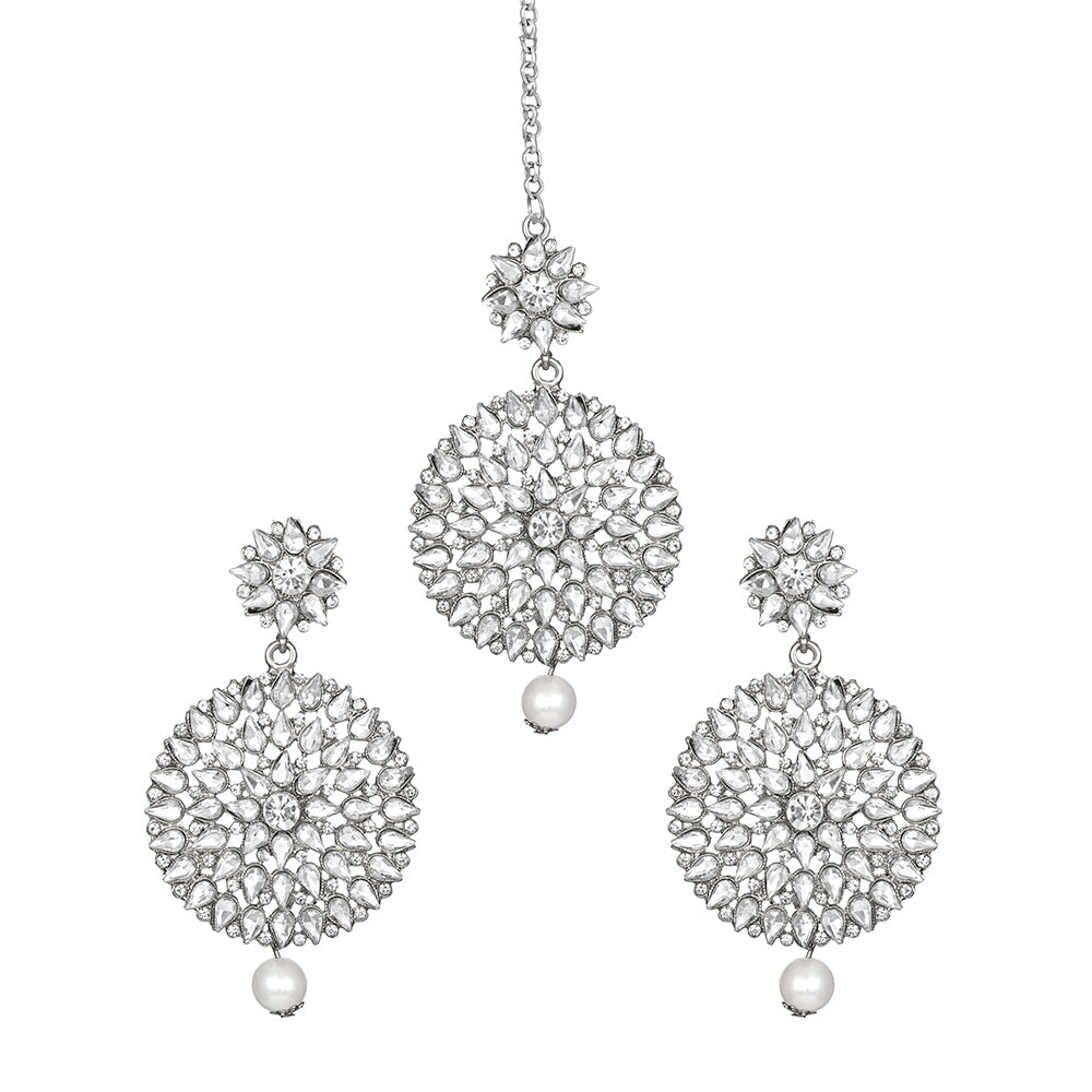 Kord Store Silver Plated "Round Shape" Latest Design Of Earrings & Maang Tikka/Stylish Design/Wedding Jewelery/Pearl/Kundan Studded Setting Set/For Girl And Women