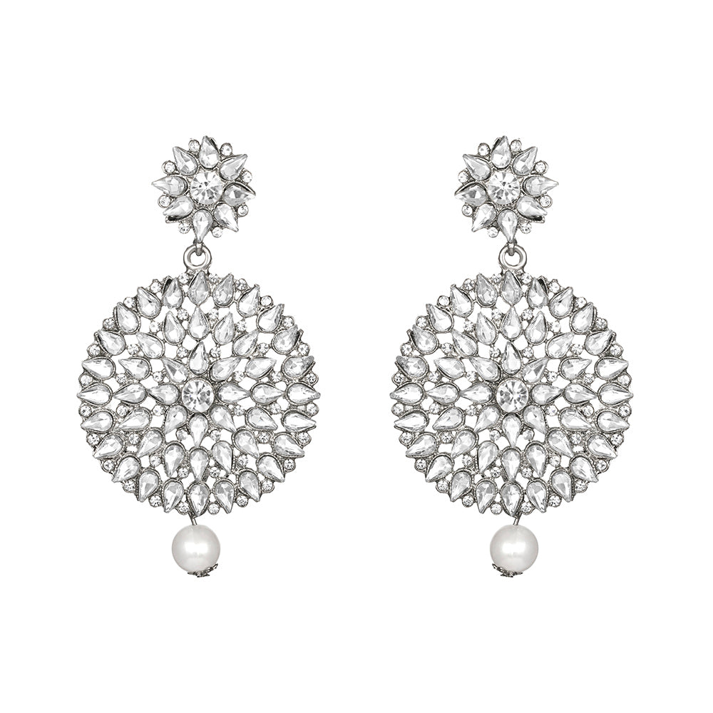 Kord Store Silver Plated "Round Shape" Latest Design Of Earrings & Maang Tikka/Stylish Design/Wedding Jewelery/Pearl/Kundan Studded Setting Set/For Girl And Women