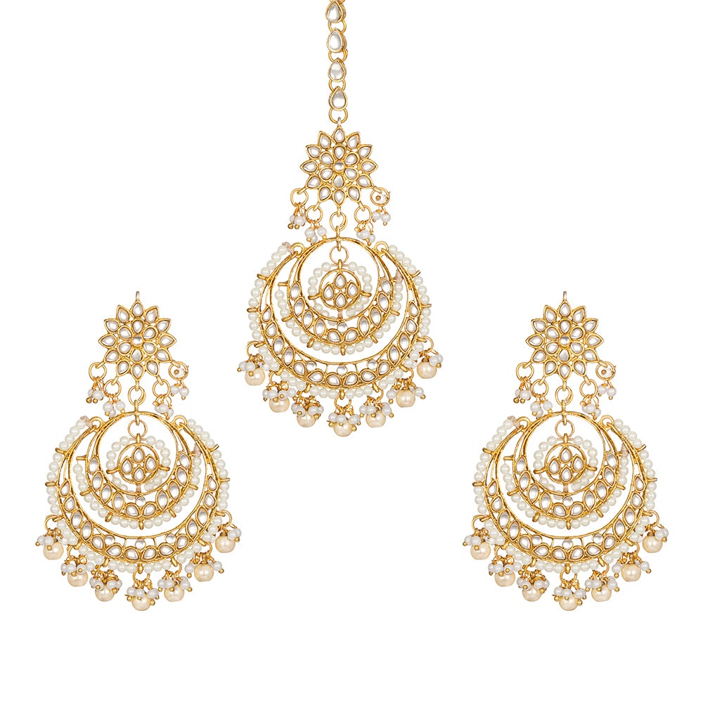 Kord Store "Chand Bali Style" New Design Kundan Studded Eaarings/Maang Tikka/Alloy Based/22Kt Gold Plating/Traditional Wedding Jewelery Set For Women & Girls
