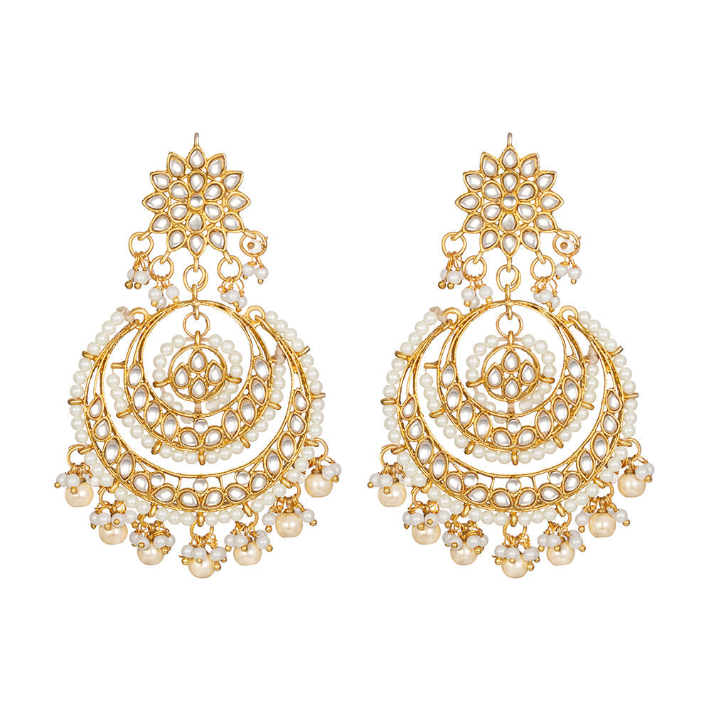 Kord Store "Chand Bali Style" New Design Kundan Studded Eaarings/Maang Tikka/Alloy Based/22Kt Gold Plating/Traditional Wedding Jewelery Set For Women & Girls