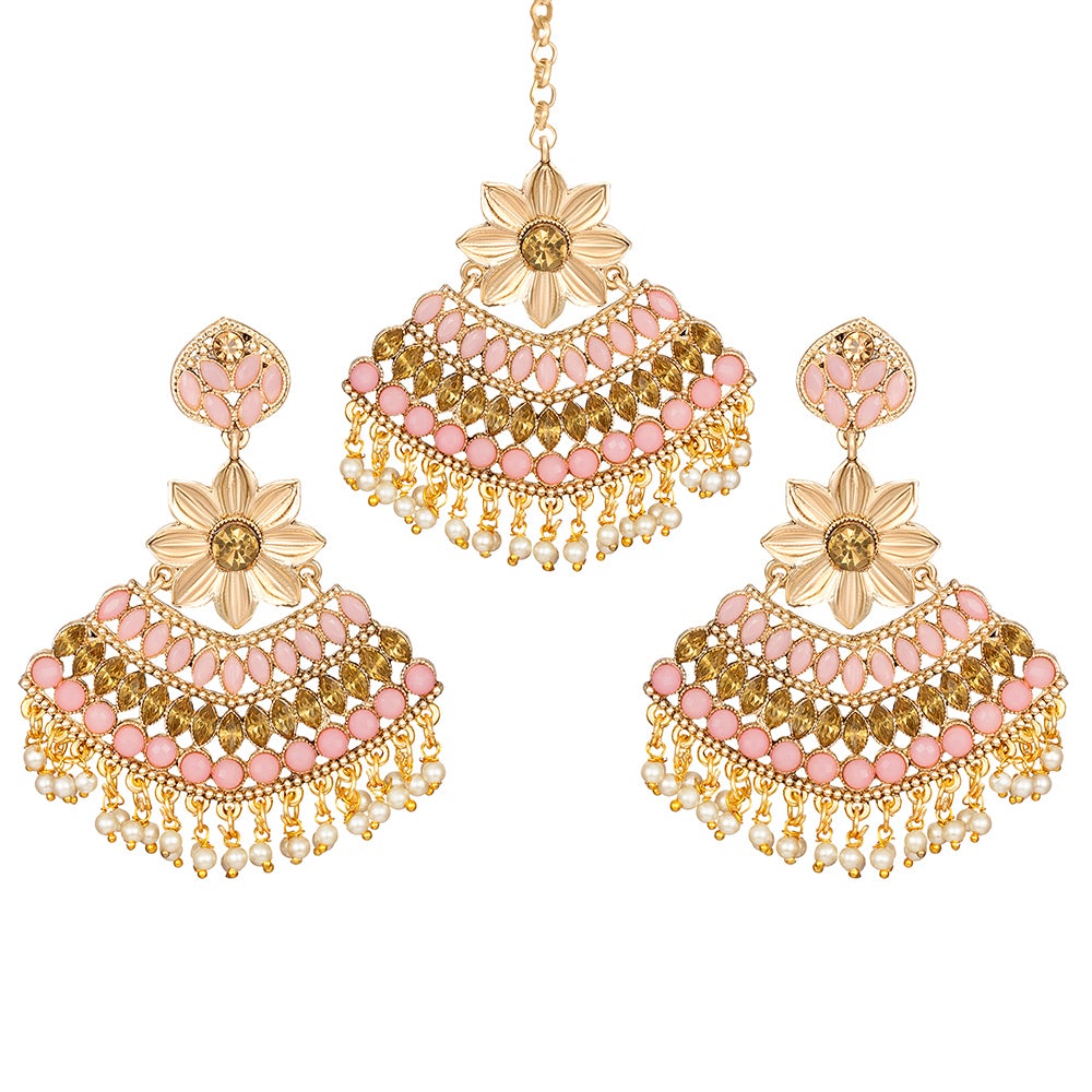Kord Store "Pink Color Stone" Earrings Mang Tikka/Wedding Jewellery/Alloy/Gold Plated Jewellery/Kundan Stone Jewellery/Latest Jewelery/For Girls  And Women