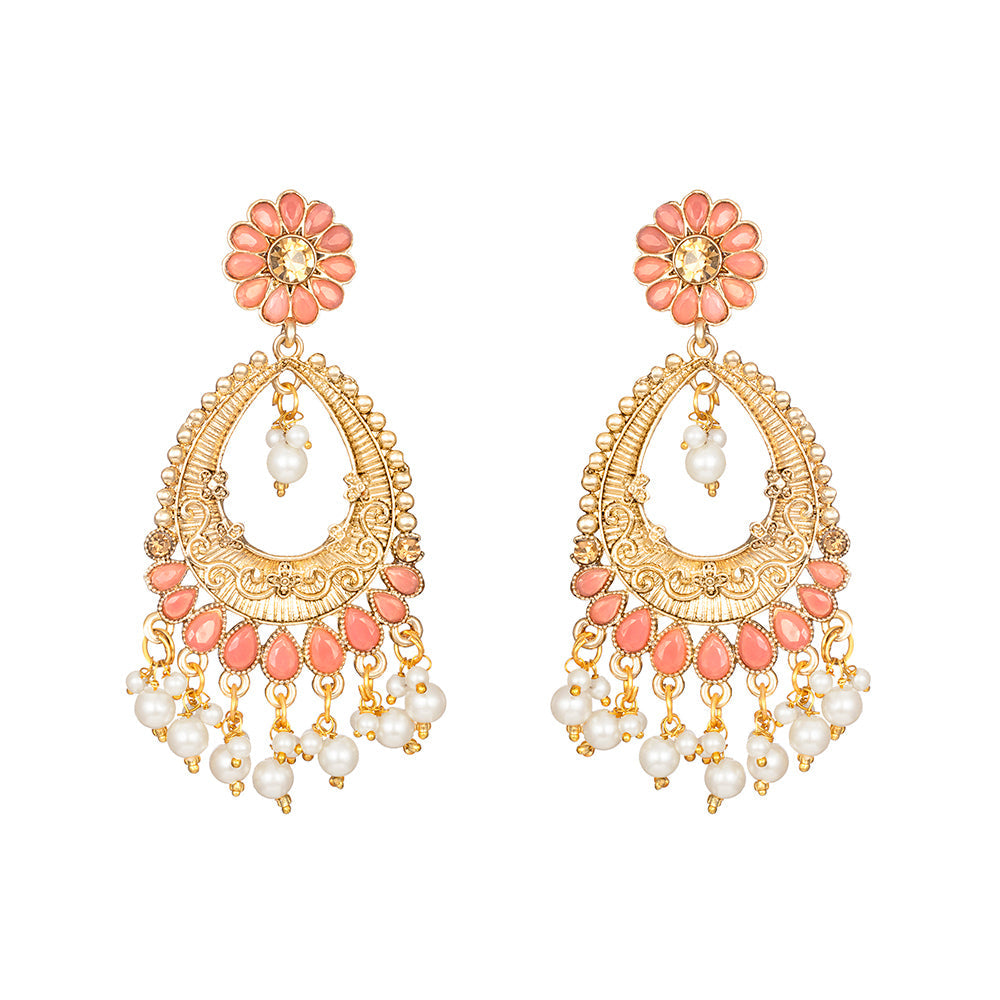 Kord Store New Design "Pink Color Stone" Earrings Mang Tikka/Gold Plated/Wedding Jewellery/Folower Design/Latest Design/Studed Jewllery Set For Women /Girl