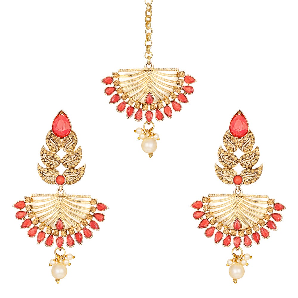 Kord Store "Light Ruby Color" Earrings Mang Tikka/Latest Design/Gold Jewellery/Kundan Jewellery/Wedding Jewellery/Micro Gold Plated/For Gir/Women