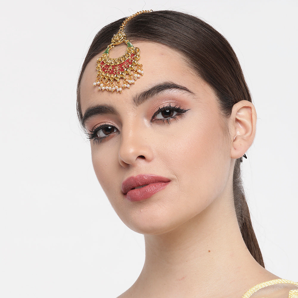 Kord Store Earrings Maang Tikka/Lct Stone Jewelery/Red Green Mina/Alloy Based Micro Gold Plating/Latest Dsesign/Stylish Jewellery/For Women/Girl  - KSEMT80053