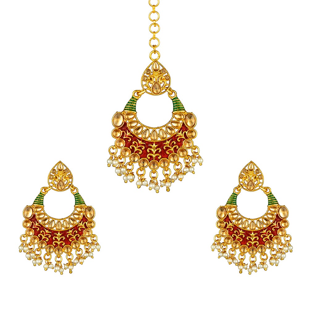 Kord Store Earrings Maang Tikka/Lct Stone Jewelery/Red Green Mina/Alloy Based Micro Gold Plating/Latest Dsesign/Stylish Jewellery/For Women/Girl  - KSEMT80053