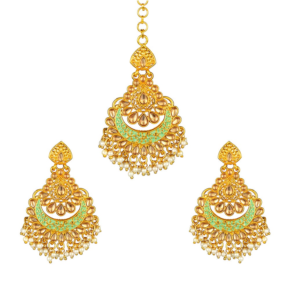 Kord Store "Mint Mina" Earrings Mang Tikka/Lct Stone/Mina Jewelery/Chand Bali Stylish/Alloy Based Gold Plated/Wedding Jewellery/For Women & Girl  - KSEMT80055
