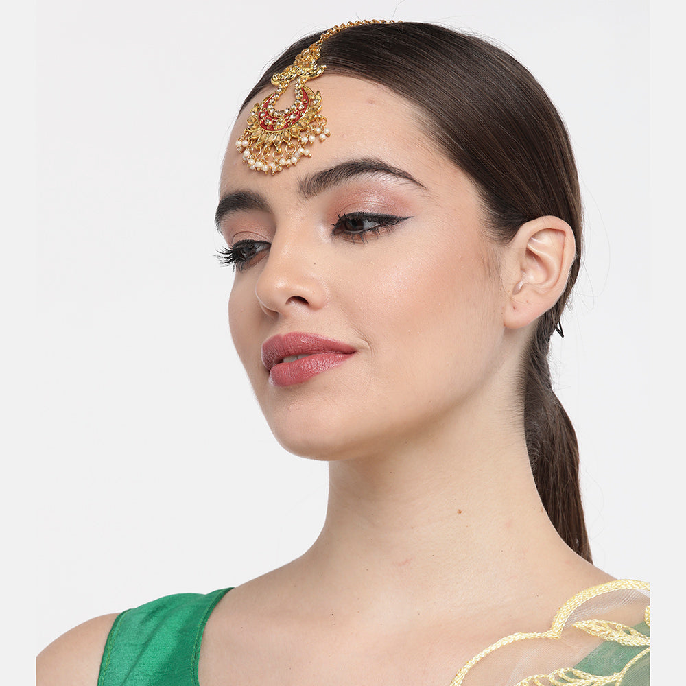 Kord Store "Ruby Mina" Latest Earrings Mang Tikka/Gold Jewellery/Chand Bali Stylish Tikka/Lct Stone/22K Gold Plated/For Women/Girl  - KSEMT80056