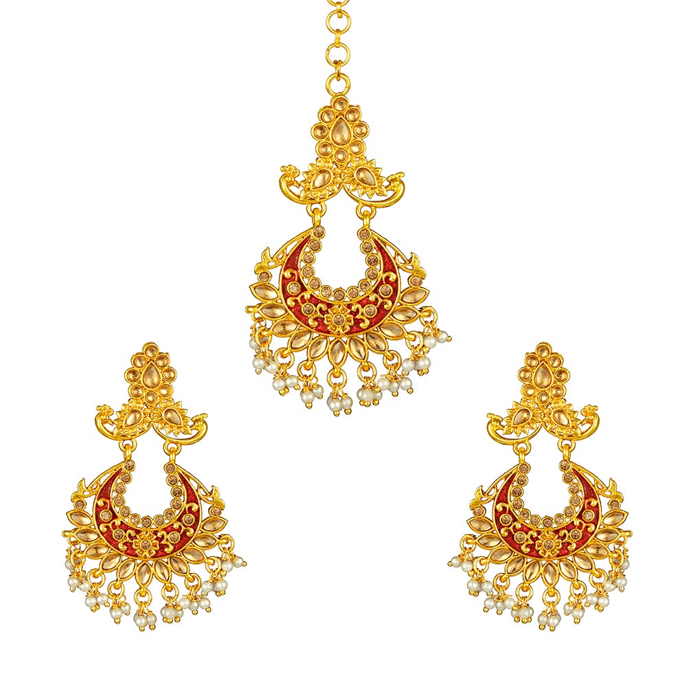 Kord Store "Ruby Mina" Latest Earrings Mang Tikka/Gold Jewellery/Chand Bali Stylish Tikka/Lct Stone/22K Gold Plated/For Women/Girl  - KSEMT80056