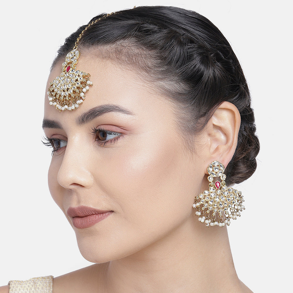 Kord Store Latest Design Gold plated Kundan Earrings With Maang tikka For Girls and Women