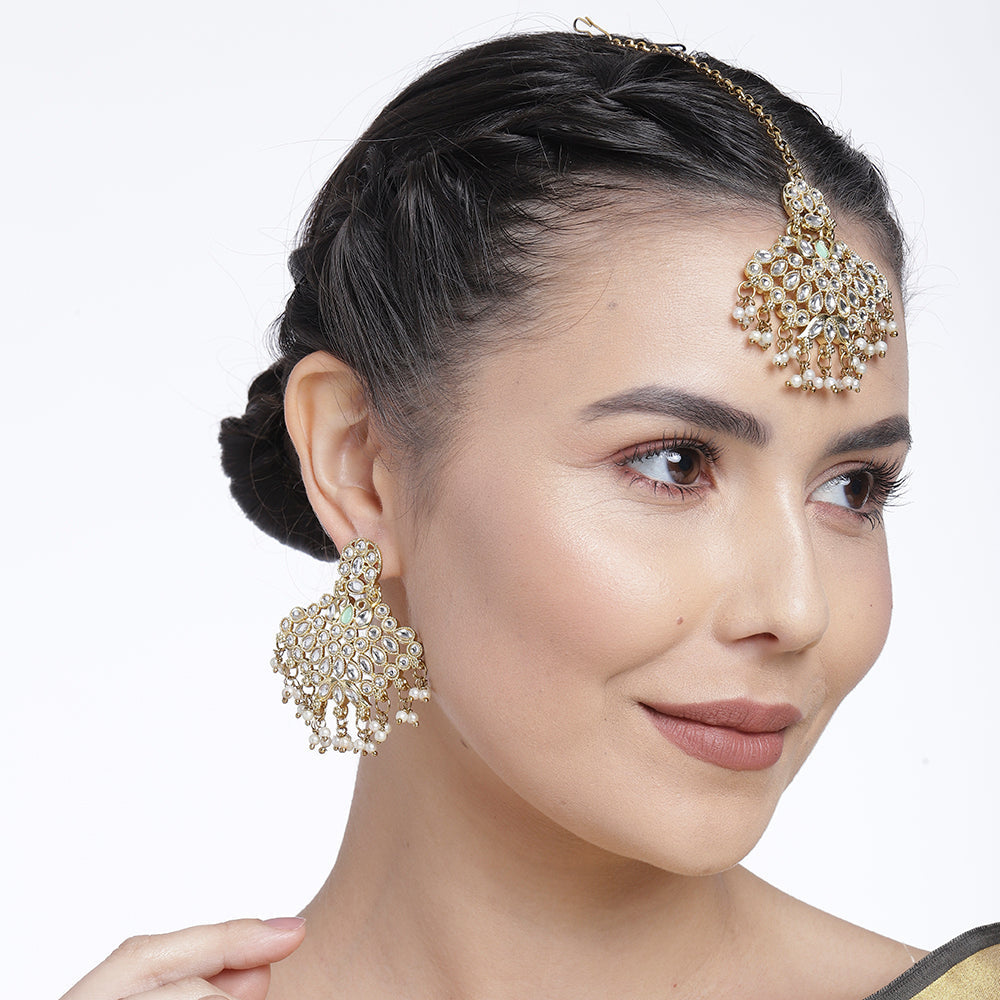 Kord Store Traditional Gold plated Kundan Earrings With Maang tikka For Girls and Women