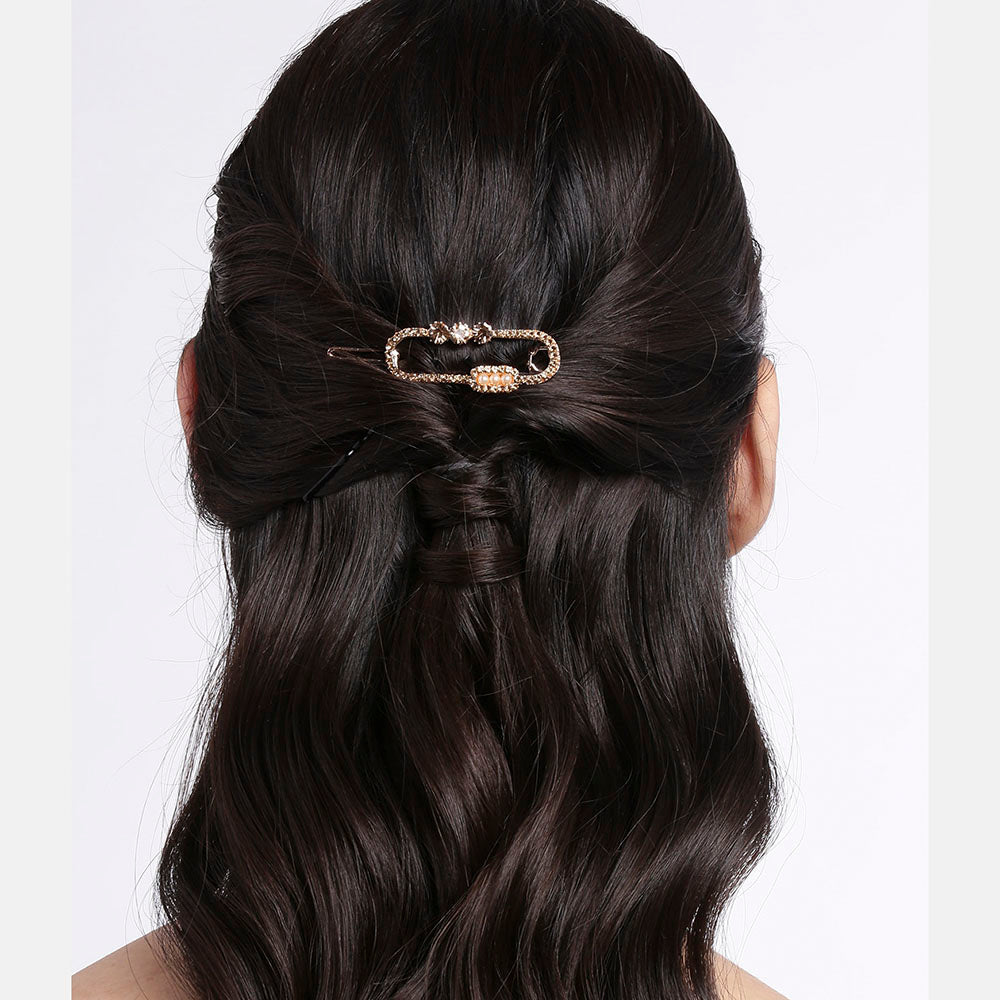 Kord Store Beautiful Rose Gold Plated LCD Stone and Pearl Hair Clip/Hair Pin For Girls and Women  - KSHP12010