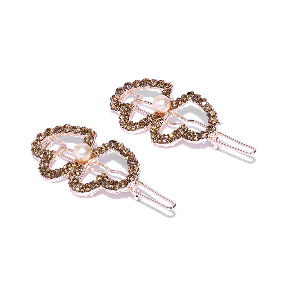 Kord Store Designer Rose Gold Plated Heart Design White Stone and Pearl Hair Clip/Hair Pin For Girls and Women  - KSHP12013