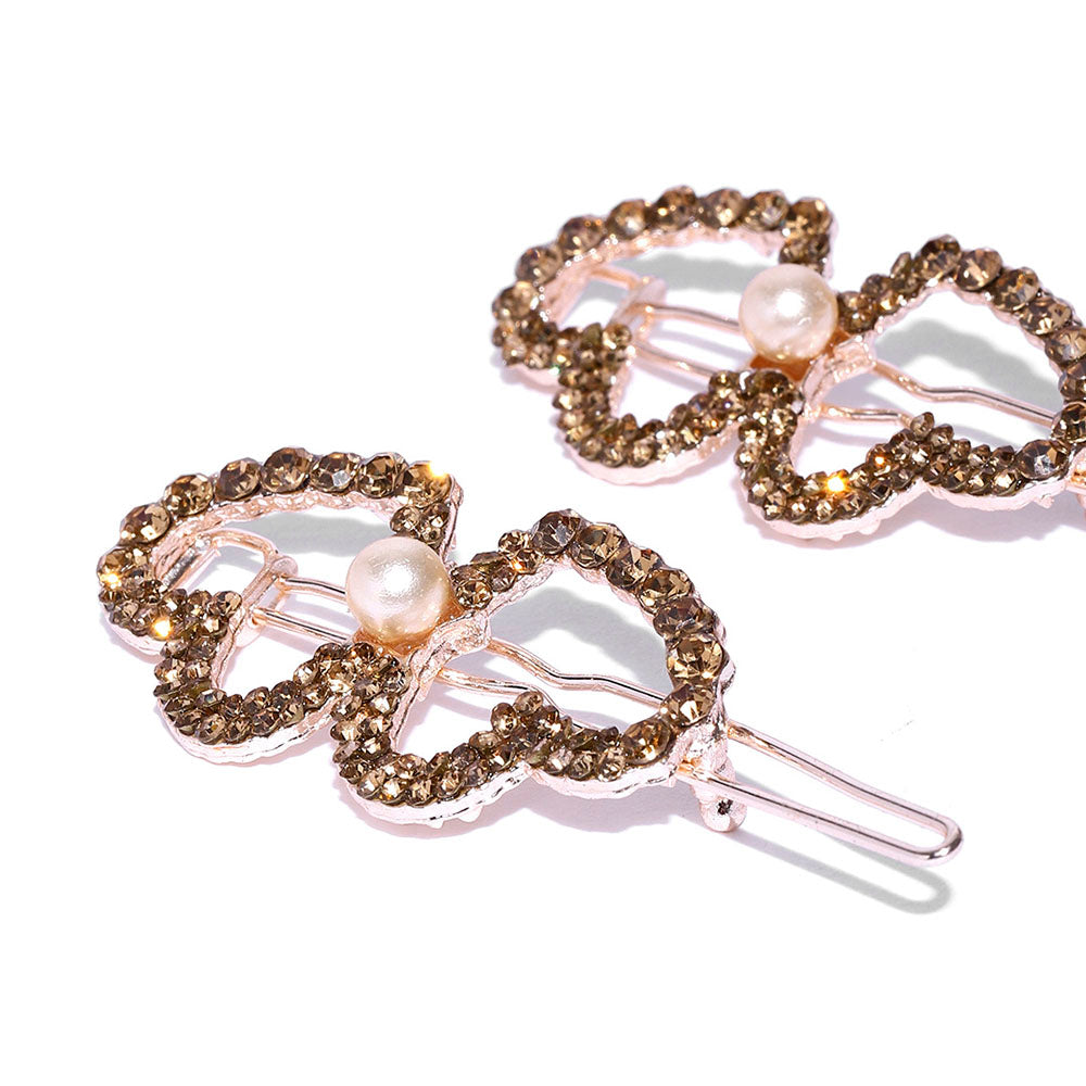 Kord Store Designer Rose Gold Plated Heart Design White Stone and Pearl Hair Clip/Hair Pin For Girls and Women  - KSHP12013