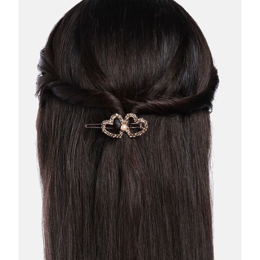 Kord Store Designer Rose Gold Plated Heart Design White Stone and Pearl Hair Clip/Hair Pin For Girls and Women  - KSHP12013
