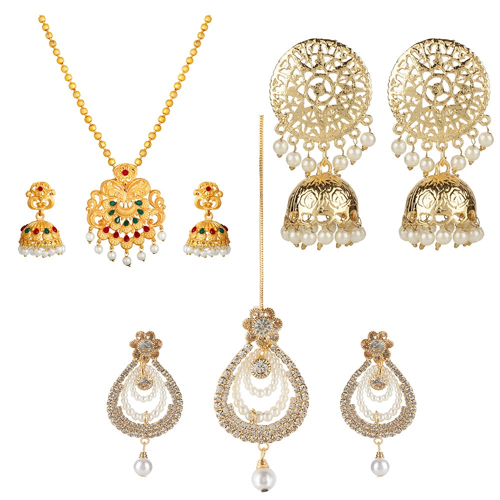 Kord Store Traditional Gold Plated Set Of 3 Alloy Necklace Sets & Mangtikka Combo For Women