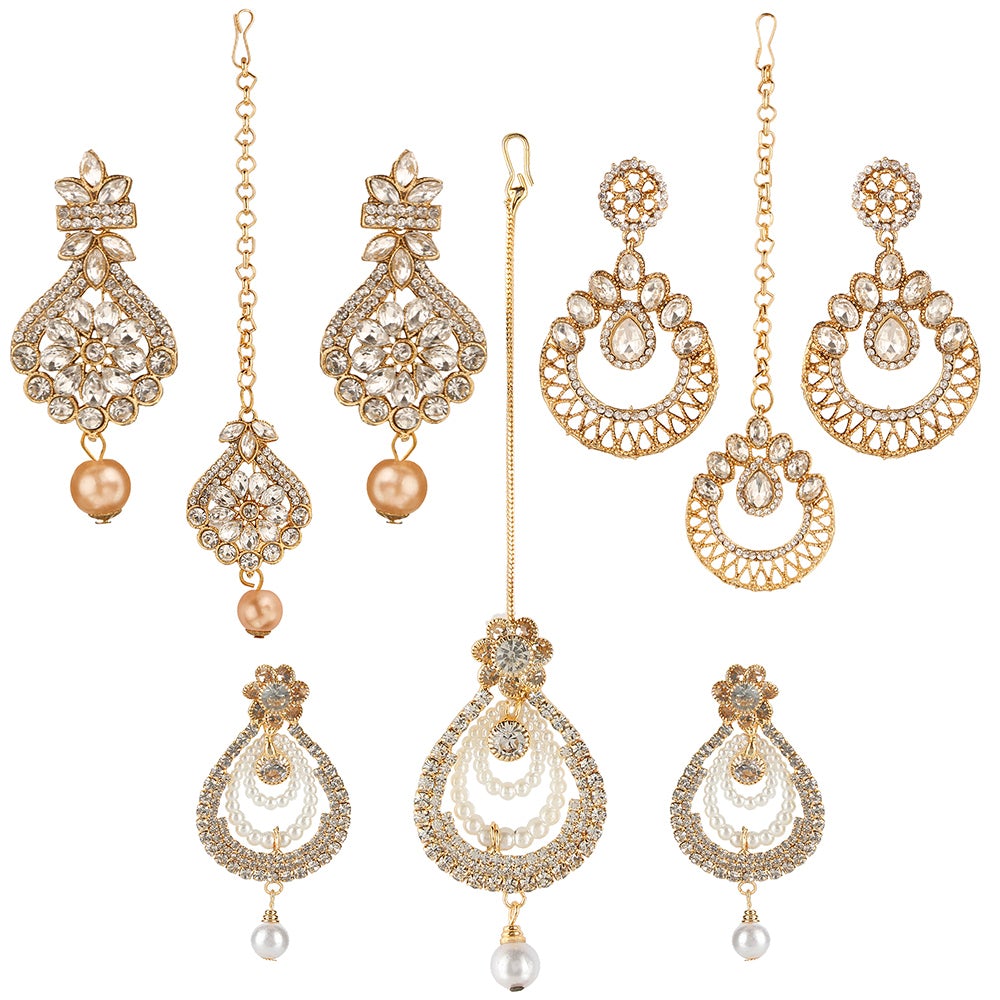 Kord Store Pear Shape Gold Plated Set Of 3 Alloy Earring With Mangtikka Combo For Women