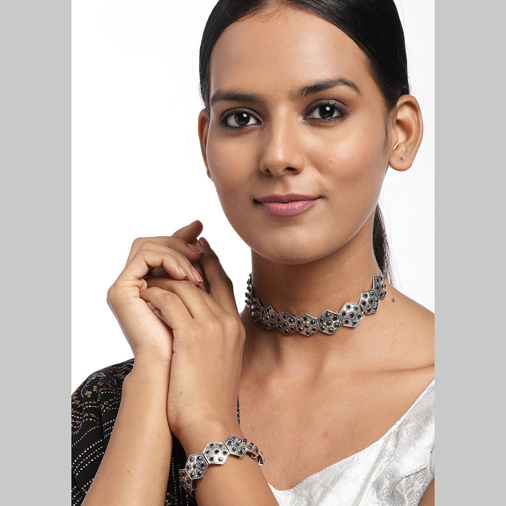 Kord Store Stylish Oxidised Plated Set Of 2 Necklace Set And Bracelate Combo For Girls and Women  - KSJWLRYCOMBO45