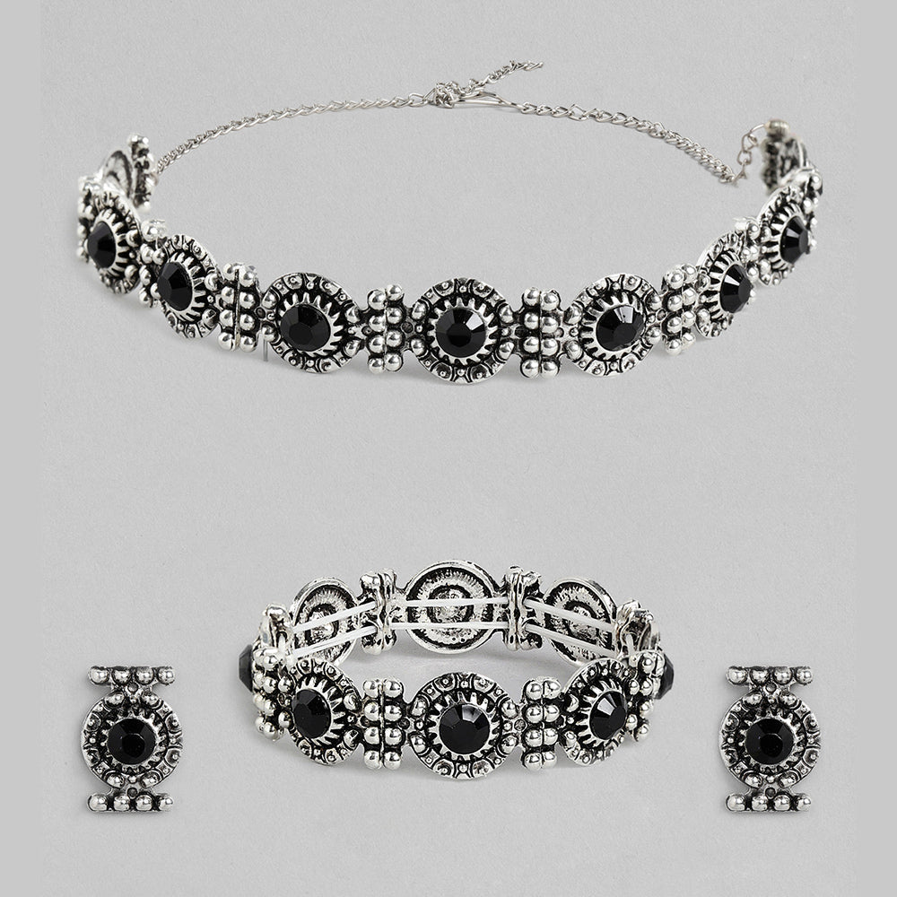 Kord Store Dazzling Oxidised Plated Black Stone Collar Set Of 2 Necklace Set And Bracelate Combo For Girls and Women  - KSJWLRYCOMBO46