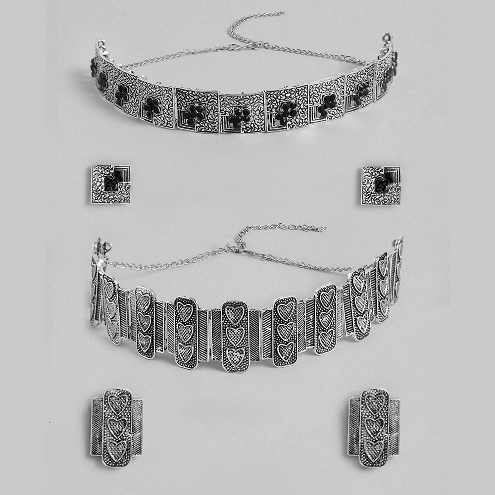 Kord Store Fabulous Oxidised Plated Black Stone Collar Set Of 2 Necklace Set Combo For Girls and Women  - KSJWLRYCOMBO58