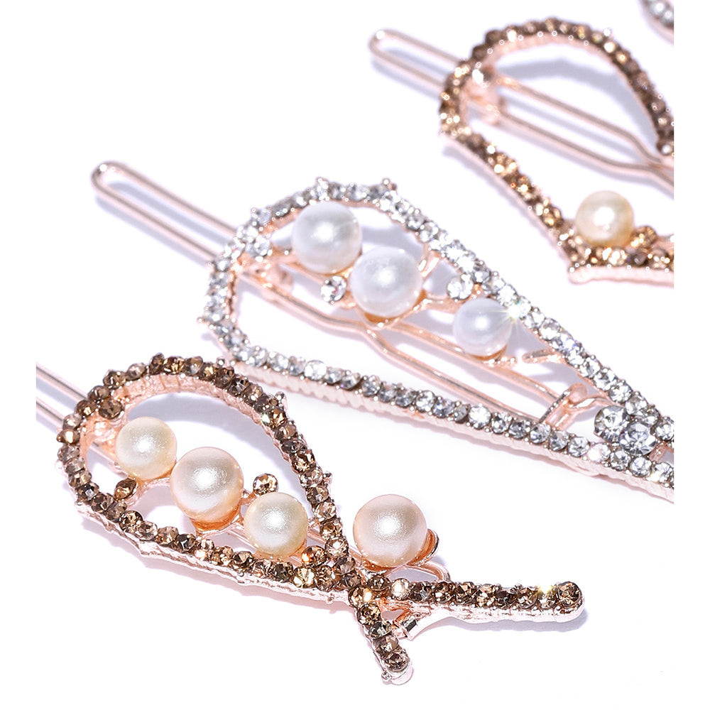 Kord Store Attractive Rose Gold Plated Stone and Pearl Set Of 4 Hair Pin Combo For Girls and Women  - KSJWLRYCOMBO63