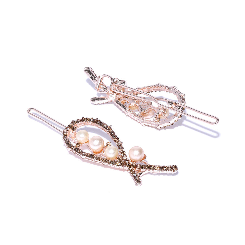 Kord Store Attractive Rose Gold Plated Stone and Pearl Set Of 4 Hair Pin Combo For Girls and Women  - KSJWLRYCOMBO63